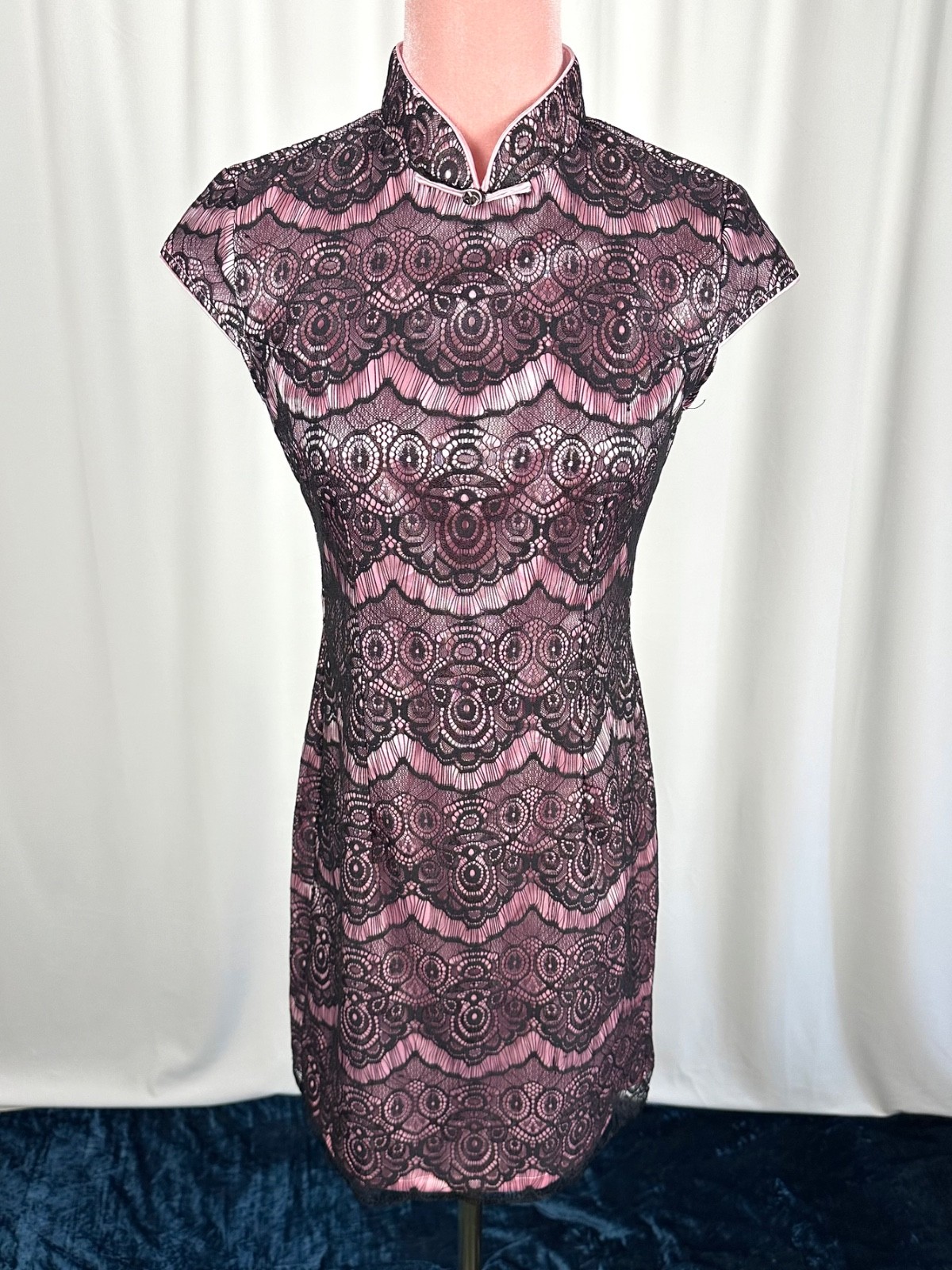 Vintage Lace Mandarin Collar Dress XS Pink Black Cocktail Party Beijing Purchase