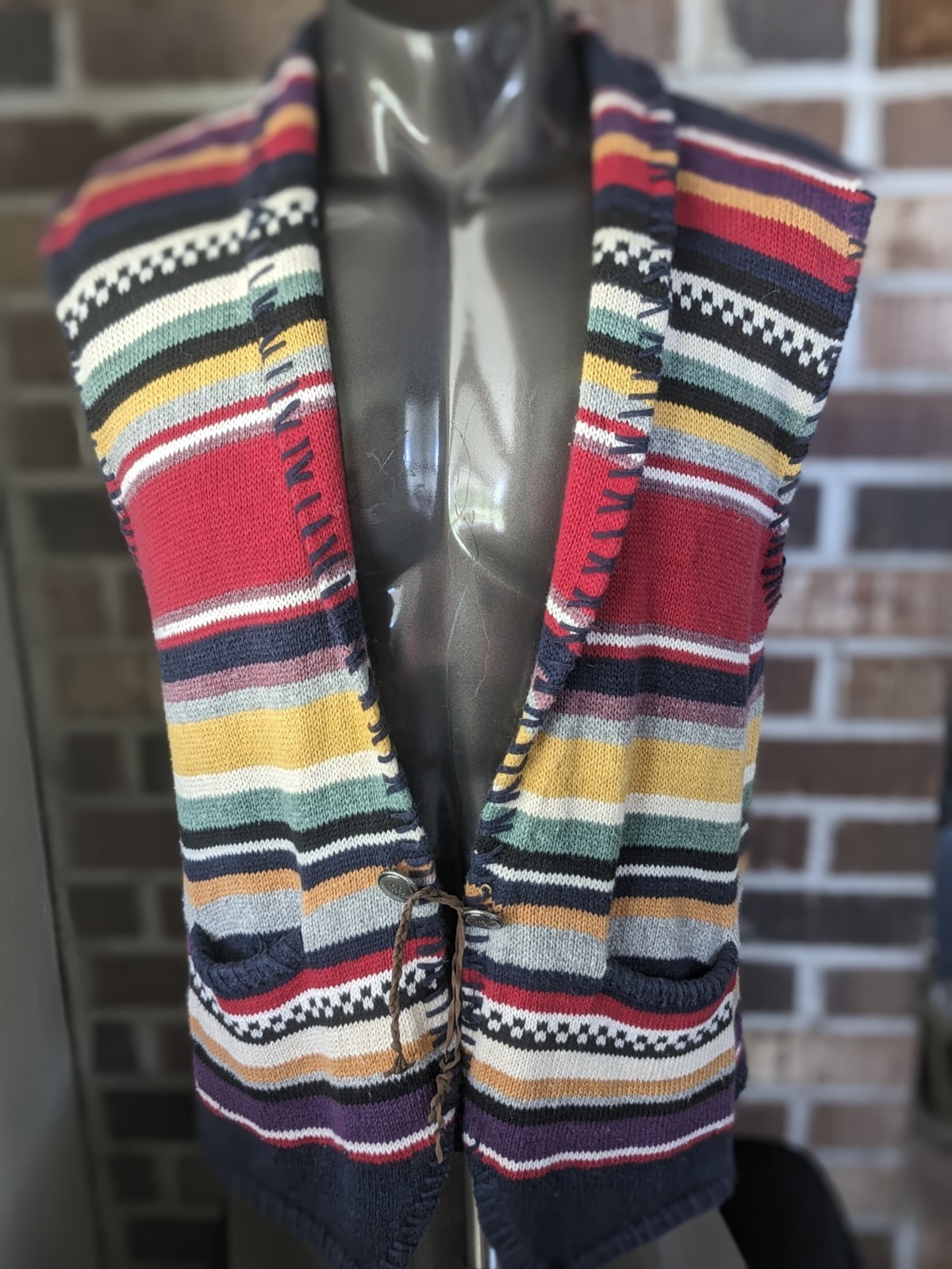 Southwestern Boho 90s Cotton & Ramie Multicolor Knit Native American L Vest