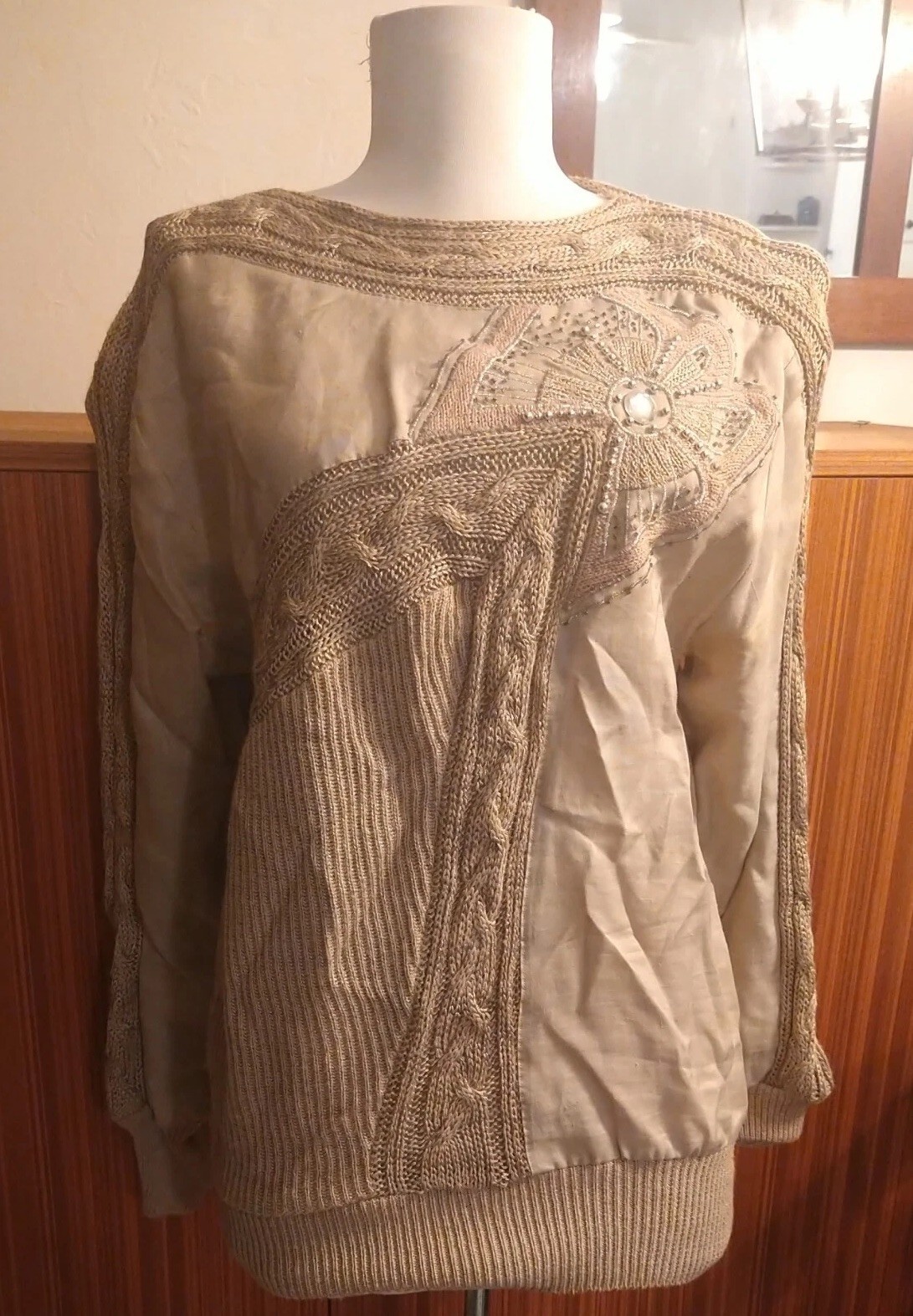 VTG 80s Suzelle Tan Sz M Sequin Beaded Embroidered Sweater