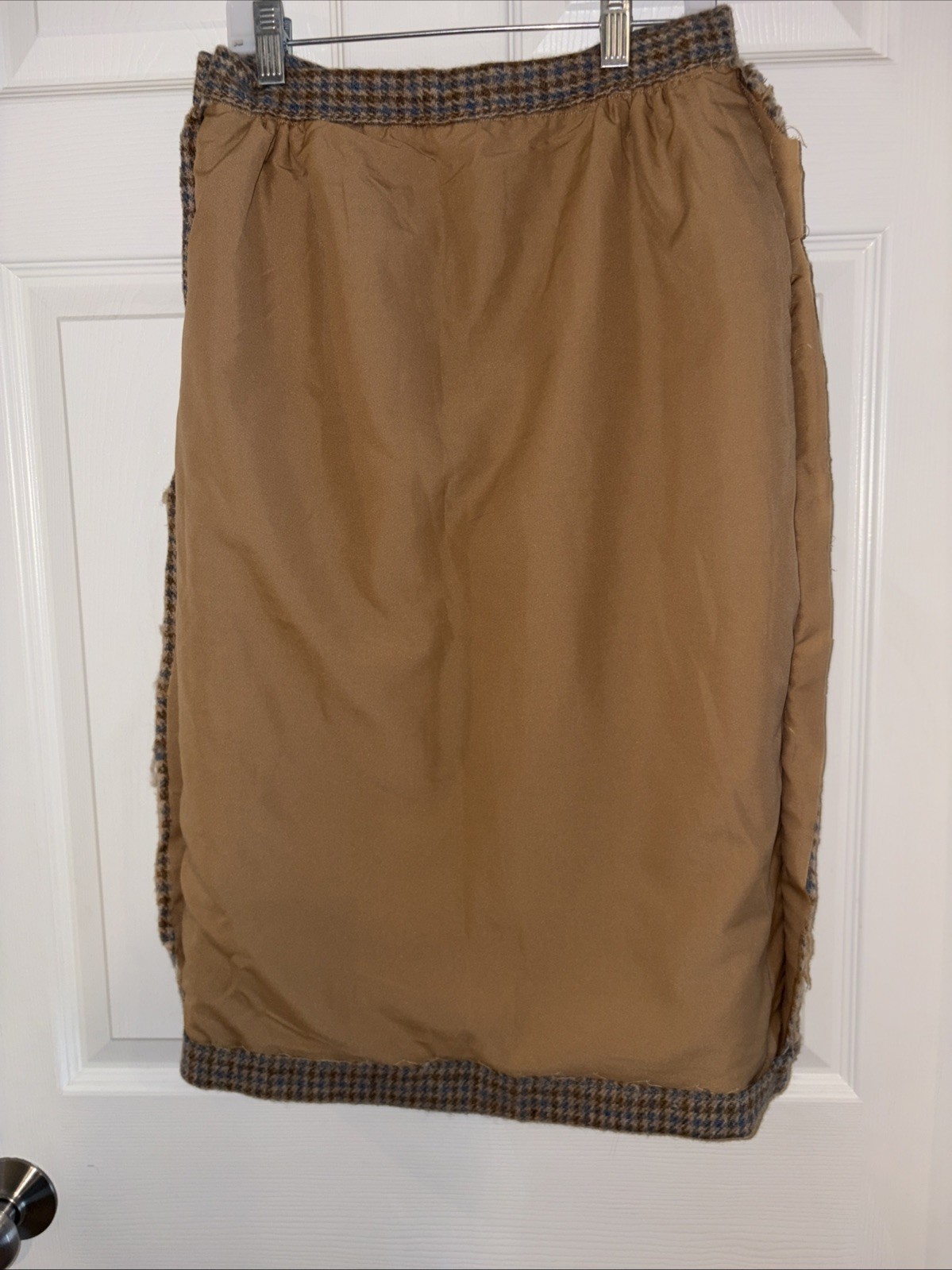 Vintage Handmade Wool Blend Tweed Skirt Blue Tan Houndstooth Lined 26 Waist