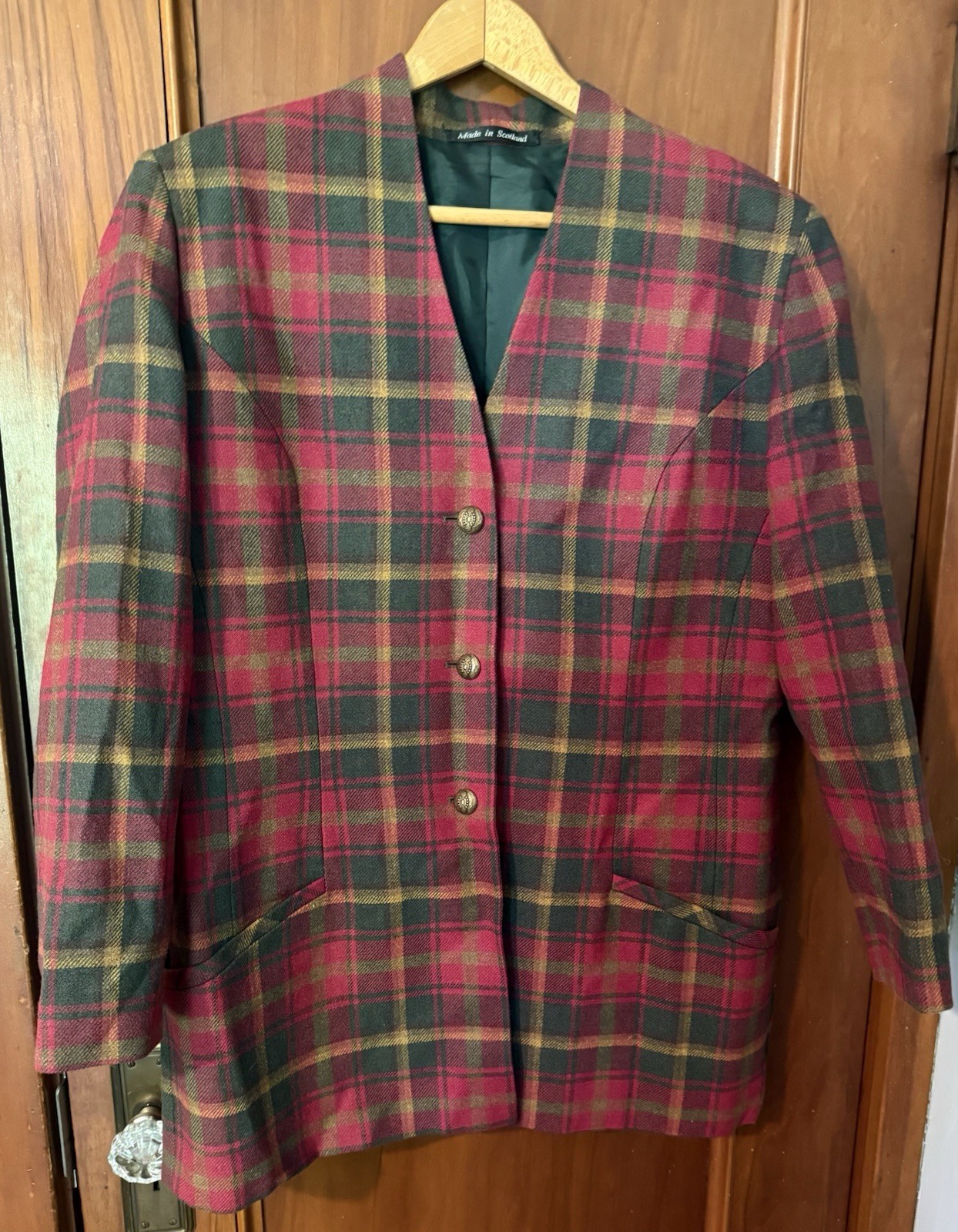 Vintage Red/Green Plaid Scotland 100% Wool Blazer 3 Button Long Sleeve Pockets L
