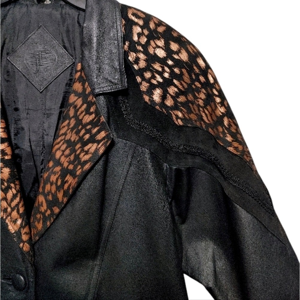 Vintage 80s JF J Ferrar Black Leopard Print Leather Suede Trench Coat Size Large