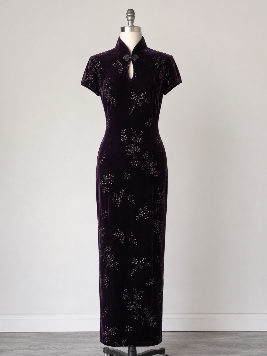 Vintage David Warren Plum Velvet Qipao Cheongsam Dress Size 8 Maxi
