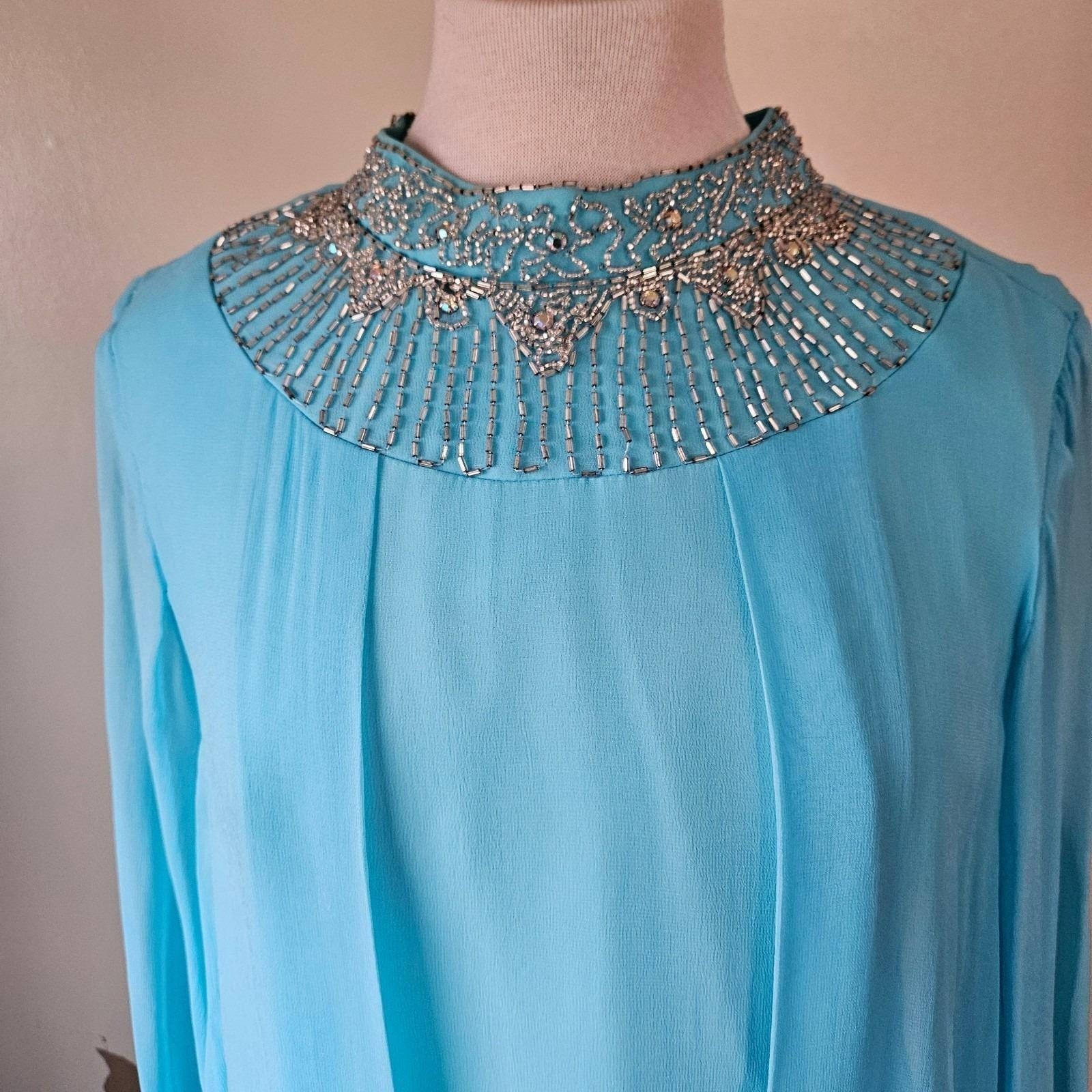 Vintage 70s Blue Disco Diva Stage Chiffon Sheer Overlay Maxi Dress Gown Beaded M
