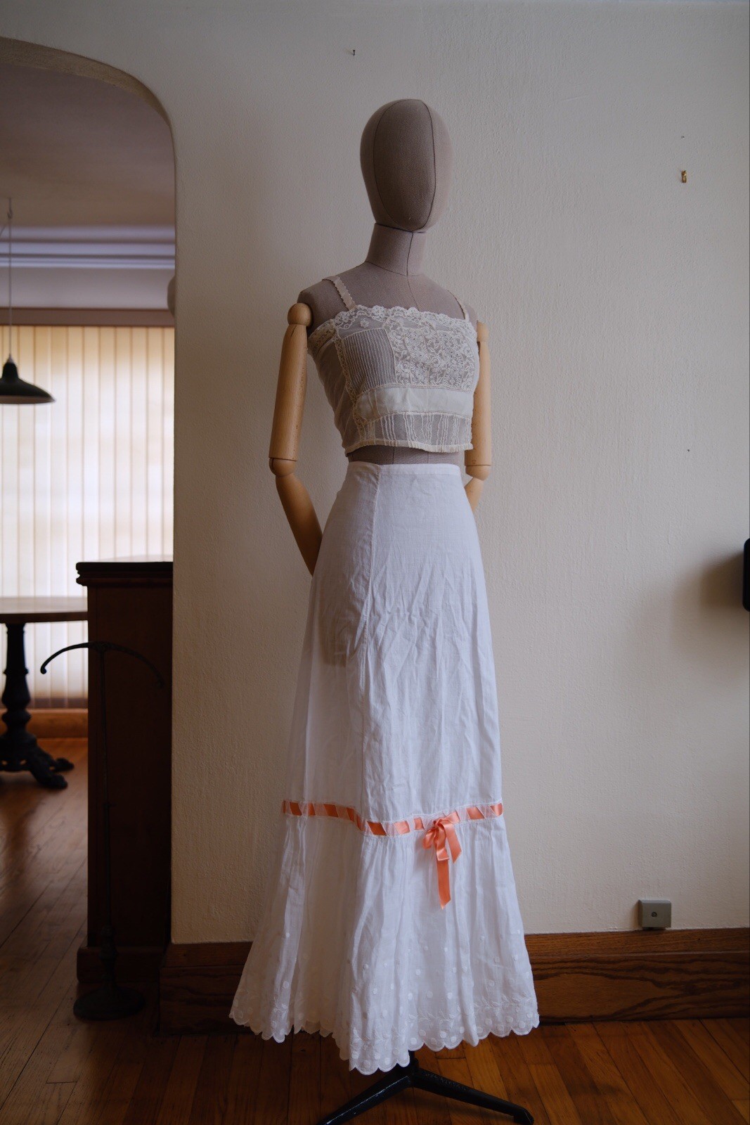 1900s Edwardian Petticoat Skirt With Ribbon, Embroidery and scalloped hem