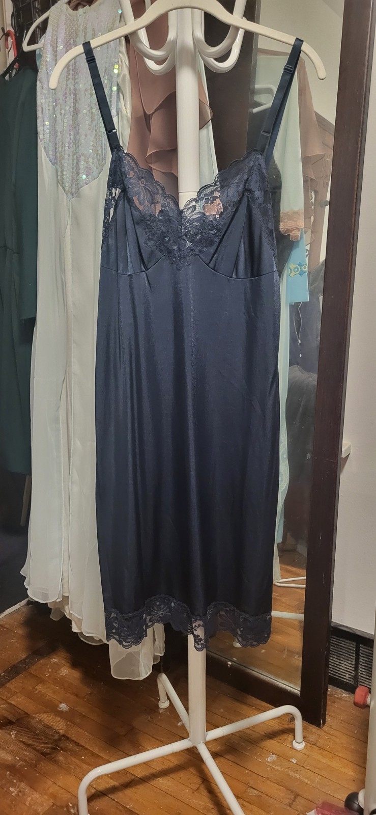 Vintage Lorraine Navy Blue & Lace Trim Full Slip Lingerie Dress 36