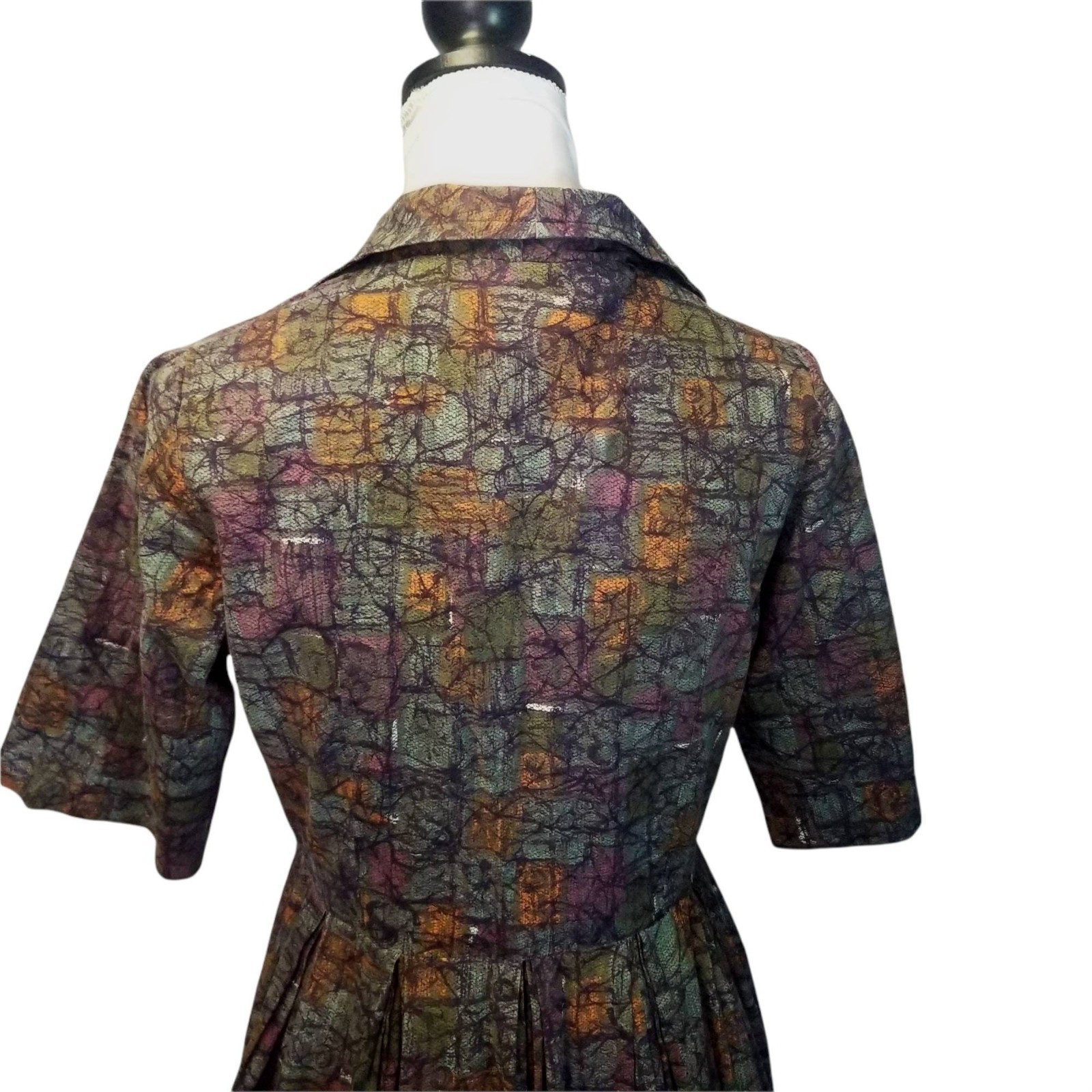 Vintage 1950s Abstract Pollock Print Day Dress, Atomic MCM Midcentury Shirtwaist