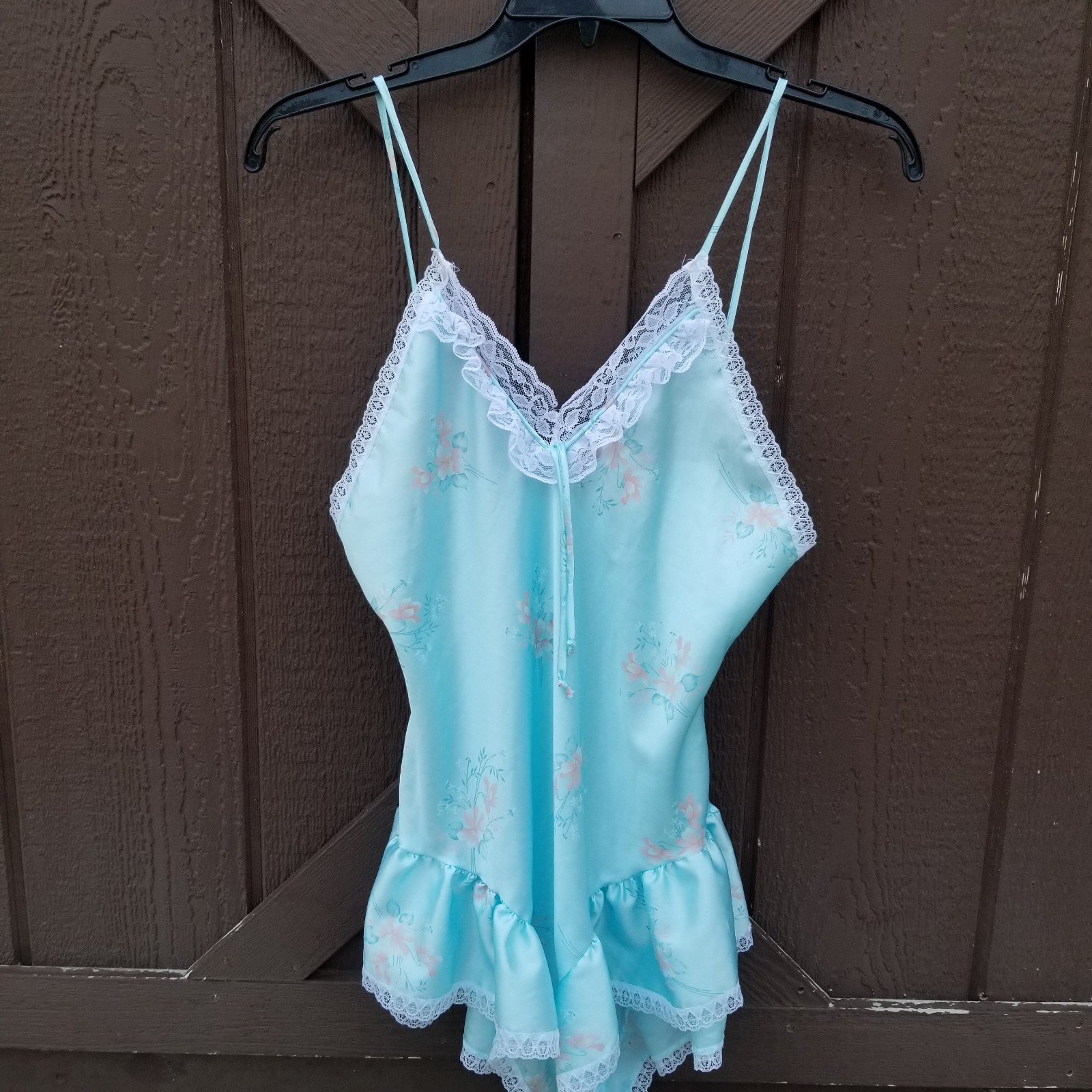 Miss Diva New York Vtg 80s Ruffled Teddy One Piece Nightie Blue Pink Floral M