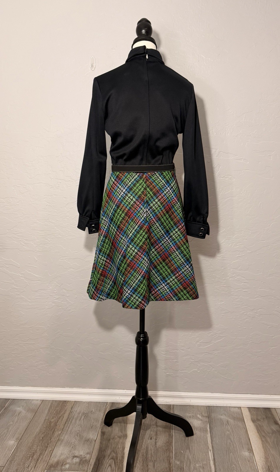 Vintage Mod 60s Black And Plaid Belted Dress Women’s Medium