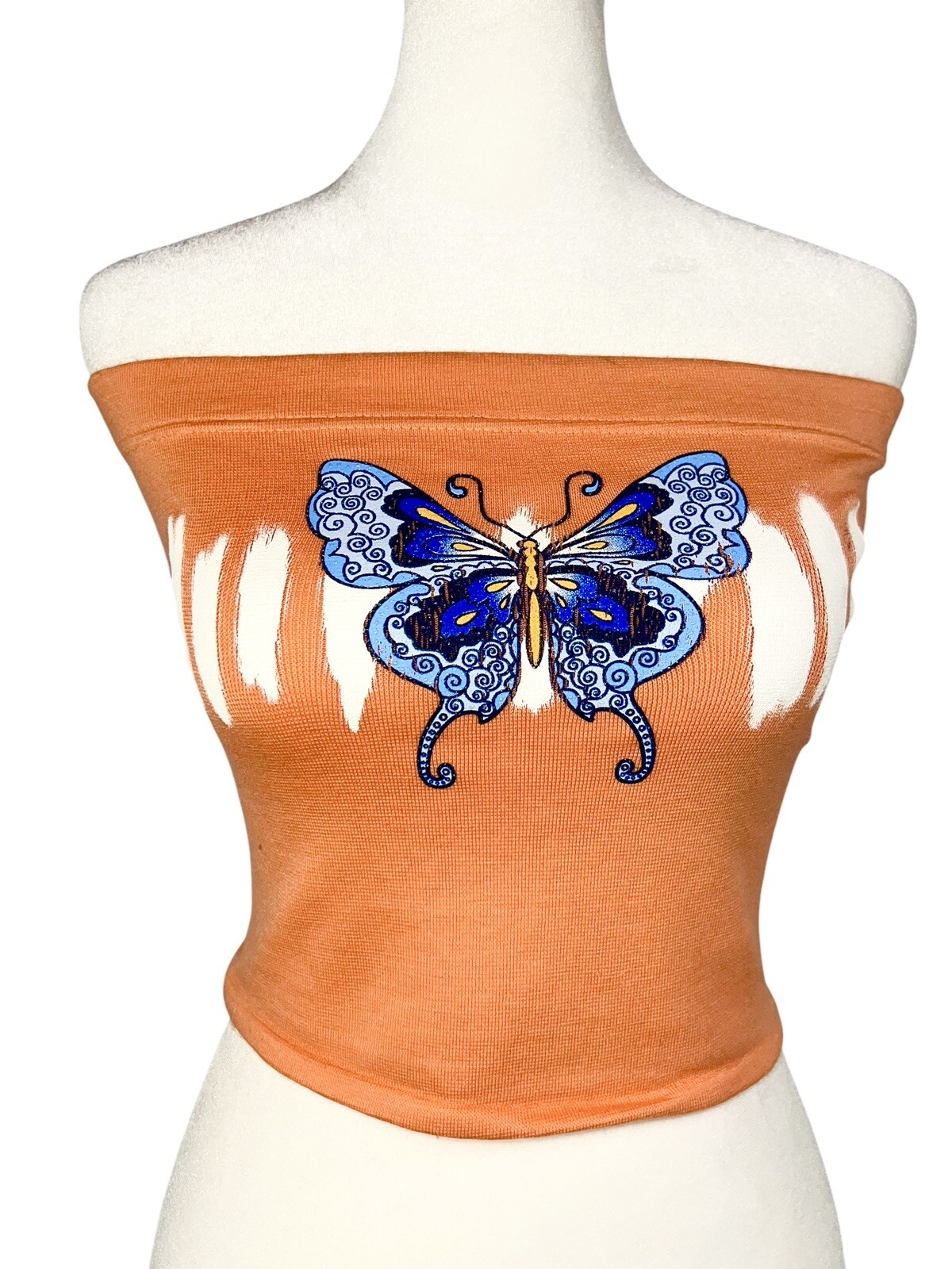 VINTAGE 1990s Y2K BUTTERFLY TUBE TOP SPANDEX BLOUSE NO BOUNDARIES CYBER DIVA