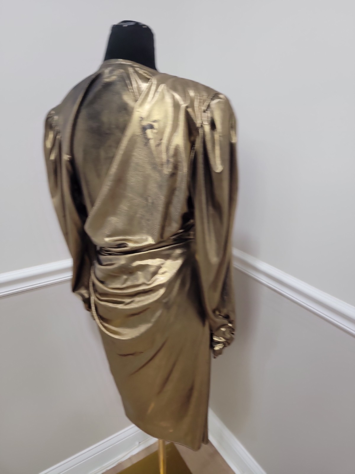 Vintage 80s Filigree Metallic Gold Lamé Ruched Wrap Cocktail Dress Draped Party