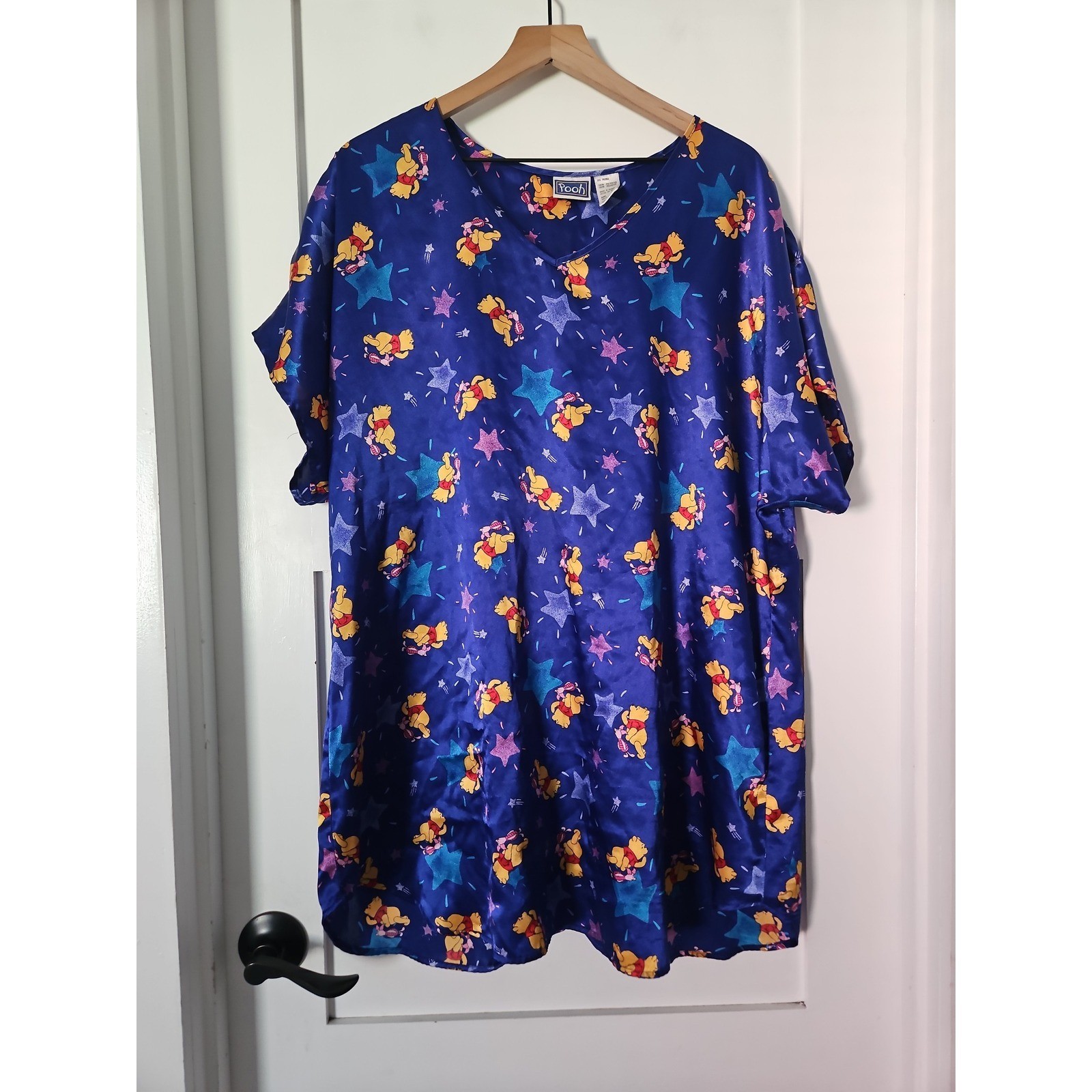 Vintage Winnie The Pooh Disney Satin Nightgown XL Blue Stars Sleepwear Dress