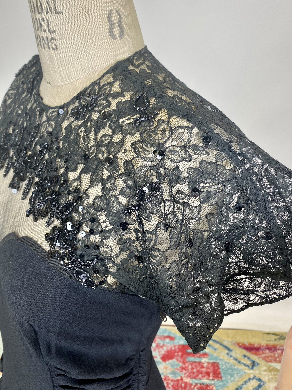 Antique Vintage 1930s Black Rayon Beaded Dress Lace Bodice Rouched Waist AS IS