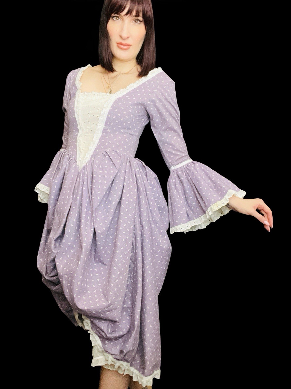 Vintage 1970s Renaissance 18th Century Rococco Floral Cotton Dress Cottagecore