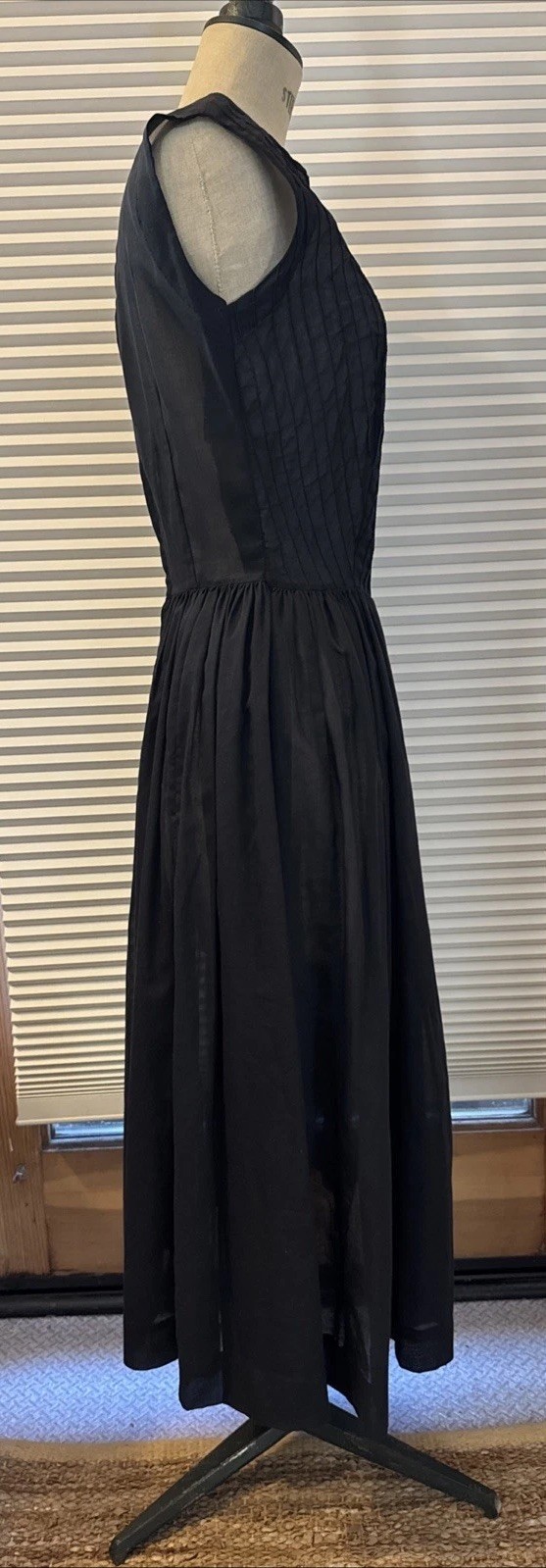 True Vintage 1950’s Black Sheer Cotton Mid Century Dress Pintuck Bodice M