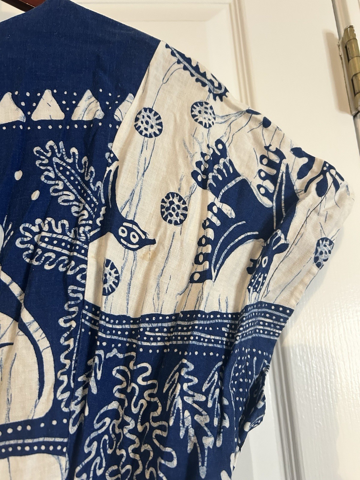 VTG 70s At Home Wear Van Raalte Safari Novelty Maxi Dress Size 14 Blue White USA