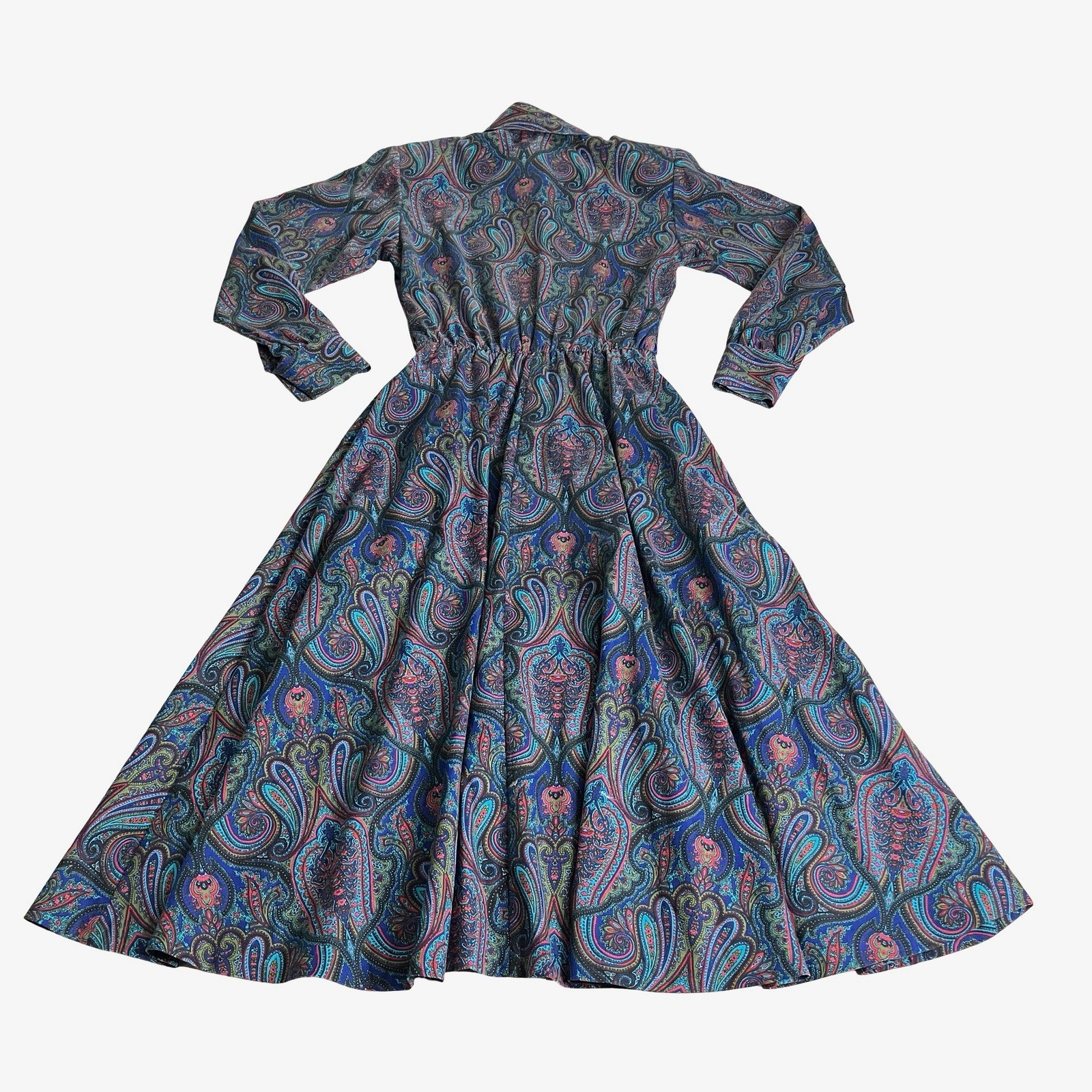 Vintage 80s Bedford Fair Paisley Midi Dress Womens 6 Long Sleeve Belted Boho Mod