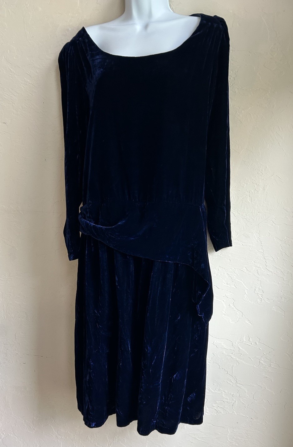 Vintage Eileen West Royal Blue Crushed Velvet Dress L Holiday Dropwaist Gatsby