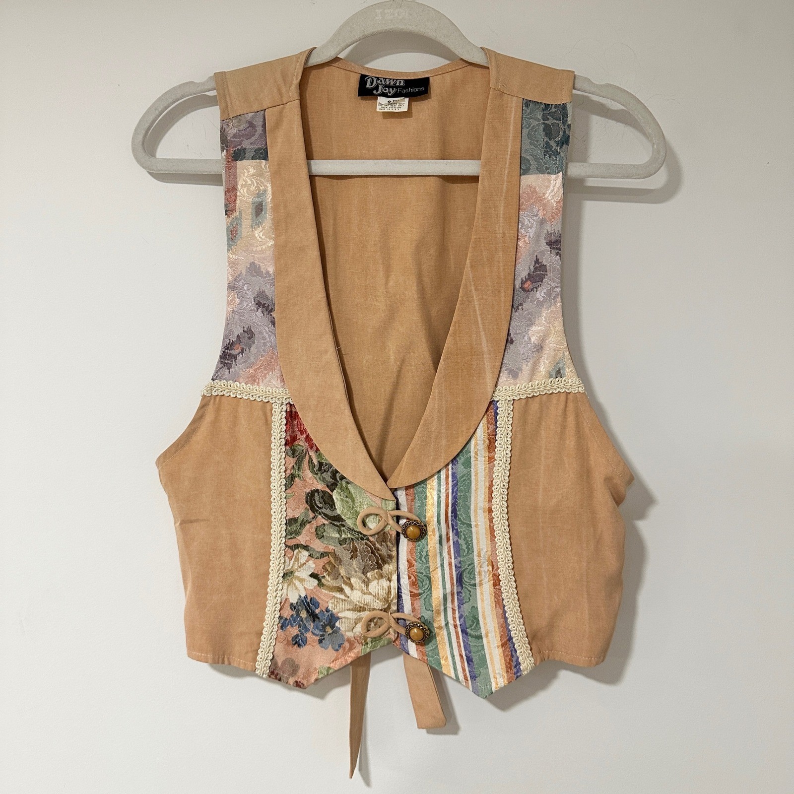 Dawn Joy Fashions Vest Vintage 9-10 Tan Patchwork Floral Tapestry Boho Cropped