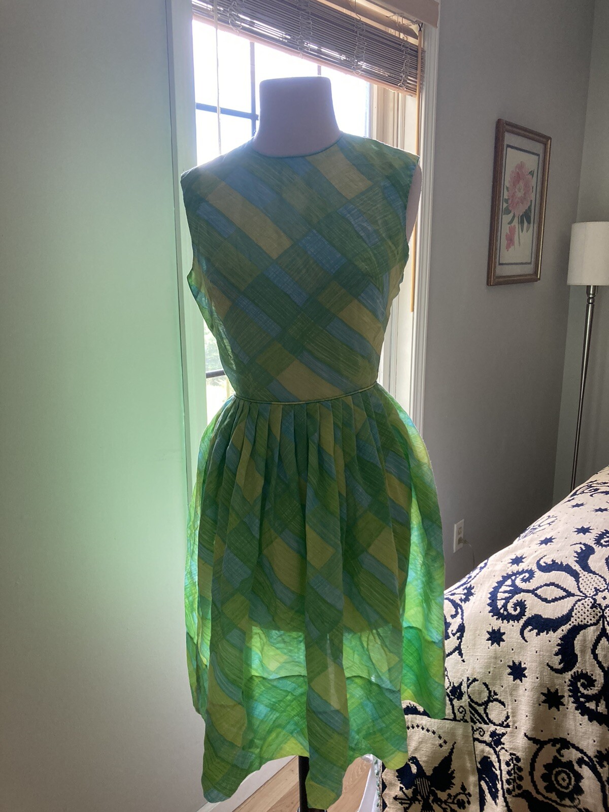 Vintage 1950s 60s Gay Gibson fit & flare Sheer lemon lime plaid Dress xs-s
