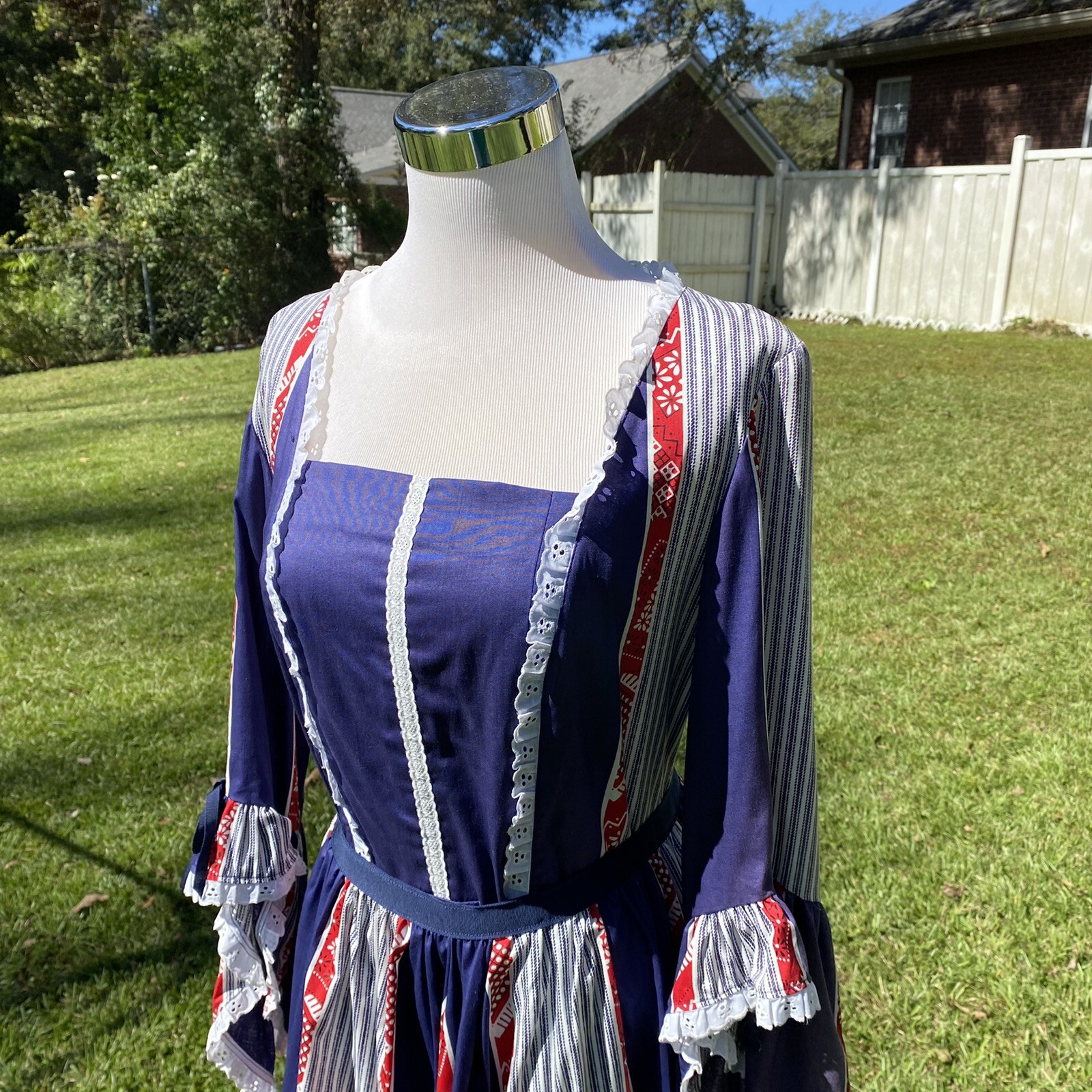 Vintage 70s Prairie Dress with Apron Red White Blue Patriotic Lace Trim Handmade