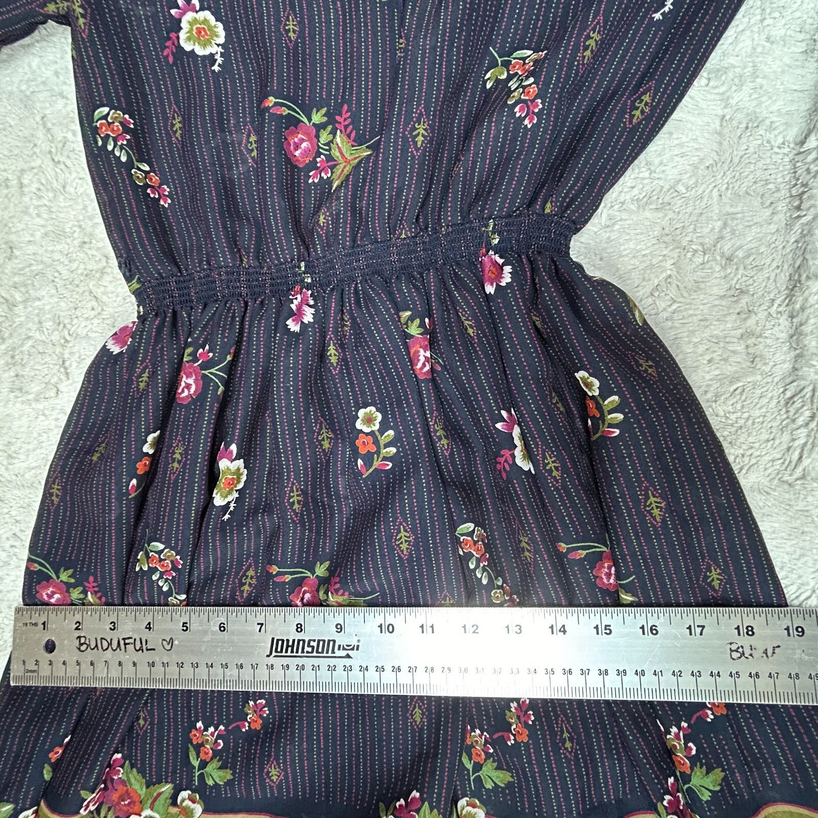 LF Petite Vintage Union Made Floral Print Mock Neck Ruffle Dress Size 6 Navy