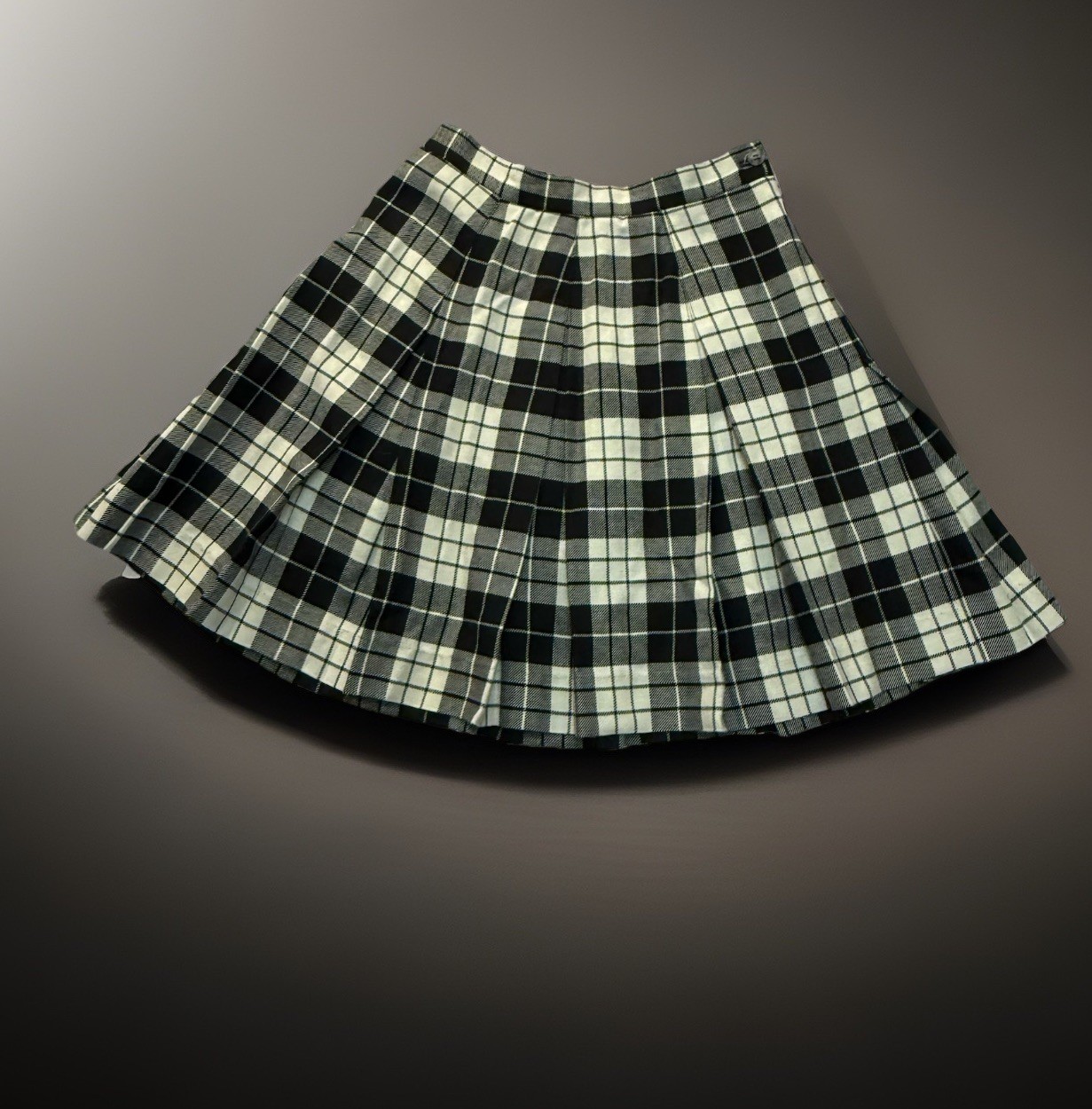 Vintage 1980s Philippe Adec Wool Blend Plaid Pleated B&W Schoolgirl Skirt USA, 8
