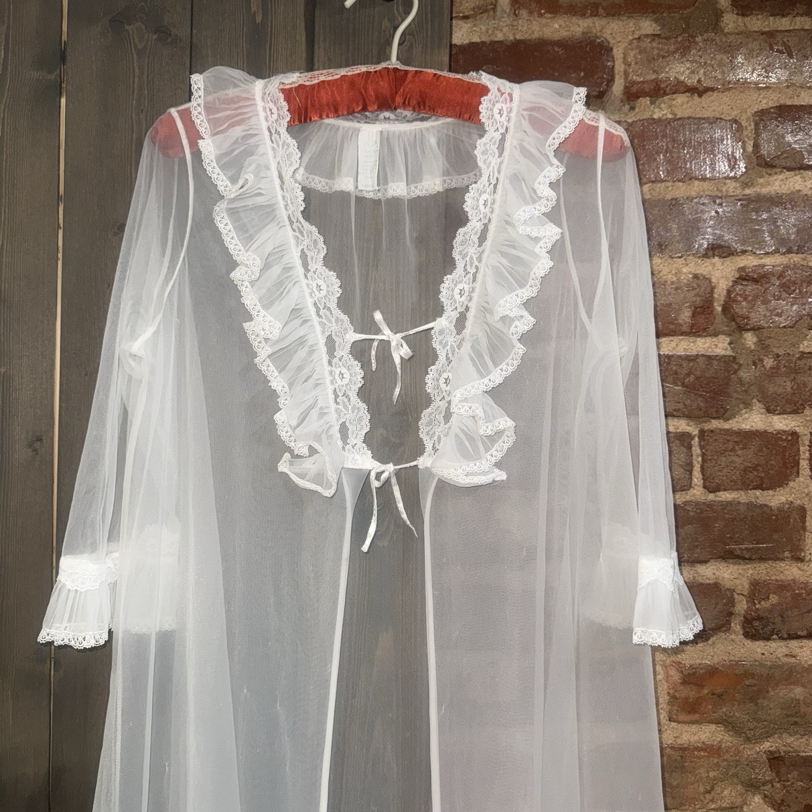 VTG Lorraine White Sheer Nylon Lace Collar Ruffle Sz S Peignoir Bridal Tie Front