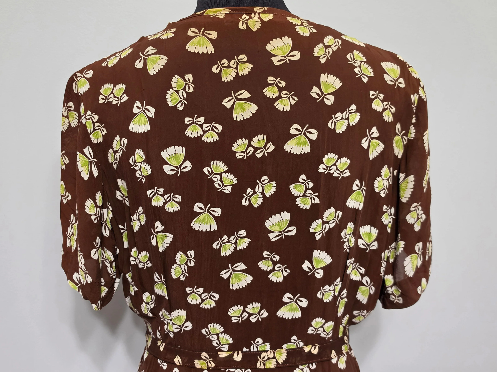 Vintage 1930s 1940s Brown Peplum Dress Flower Print Tulip Novelty (34″ waist)