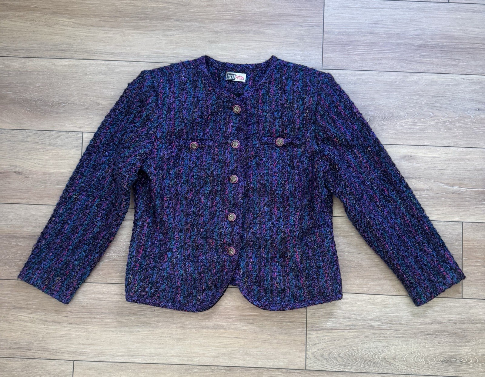 Vintage 80s Lucia Petites Purple Tweed Cropped Blazer Large Multicolored Bouclé