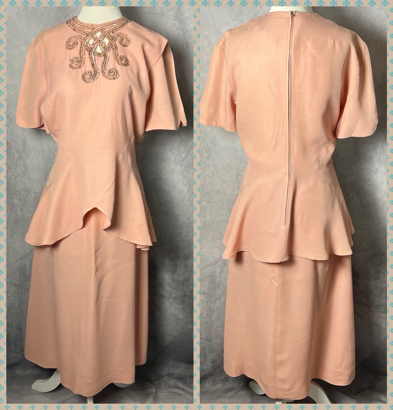 Vintage 1940s Pink Textured Rayon Peplum Sequin Blouse Pencil Skirt Set S/M