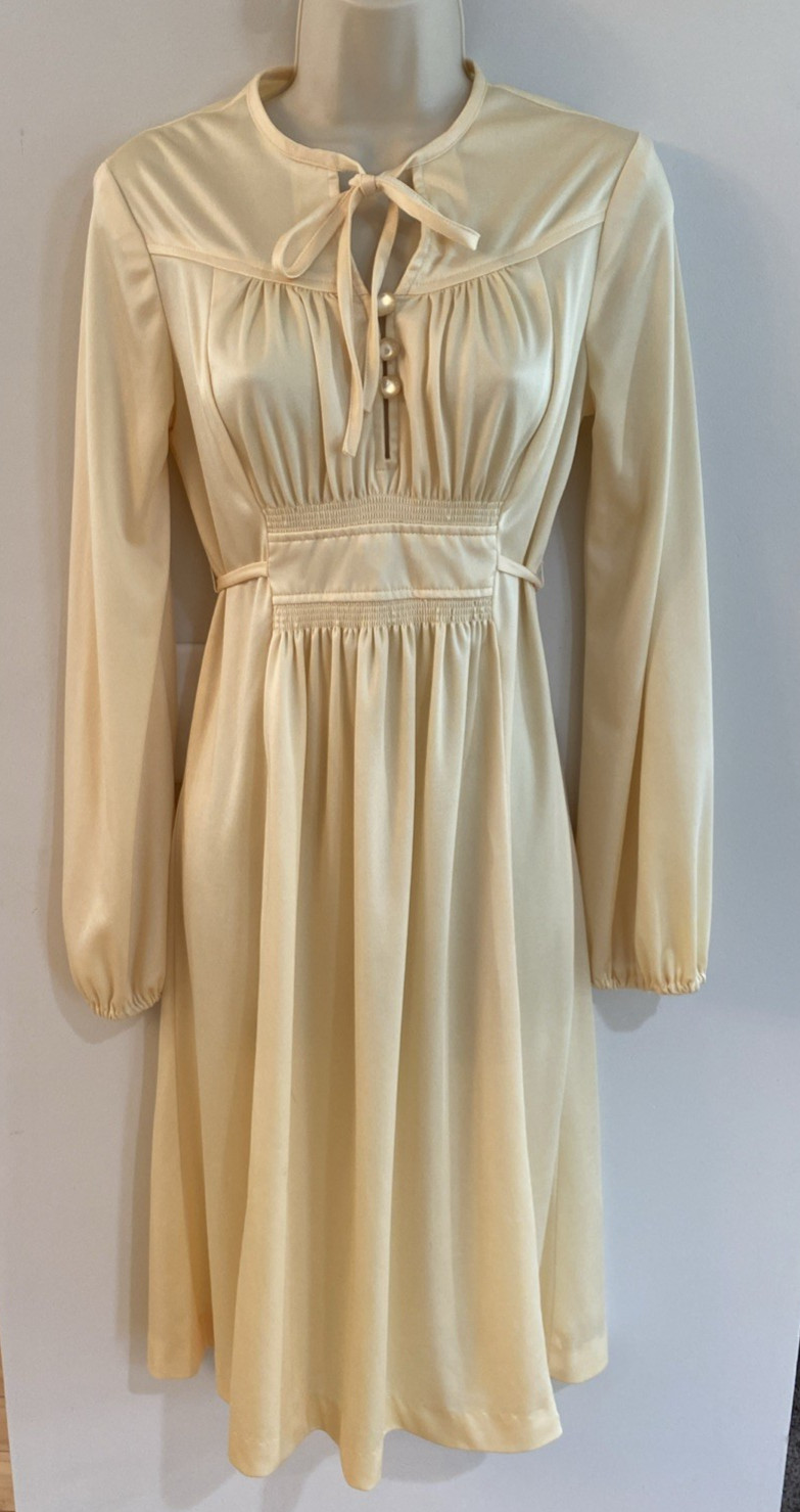 True Vintage 1970s Disco Career Dress Cream/Yellow Tie Belt Sz S?