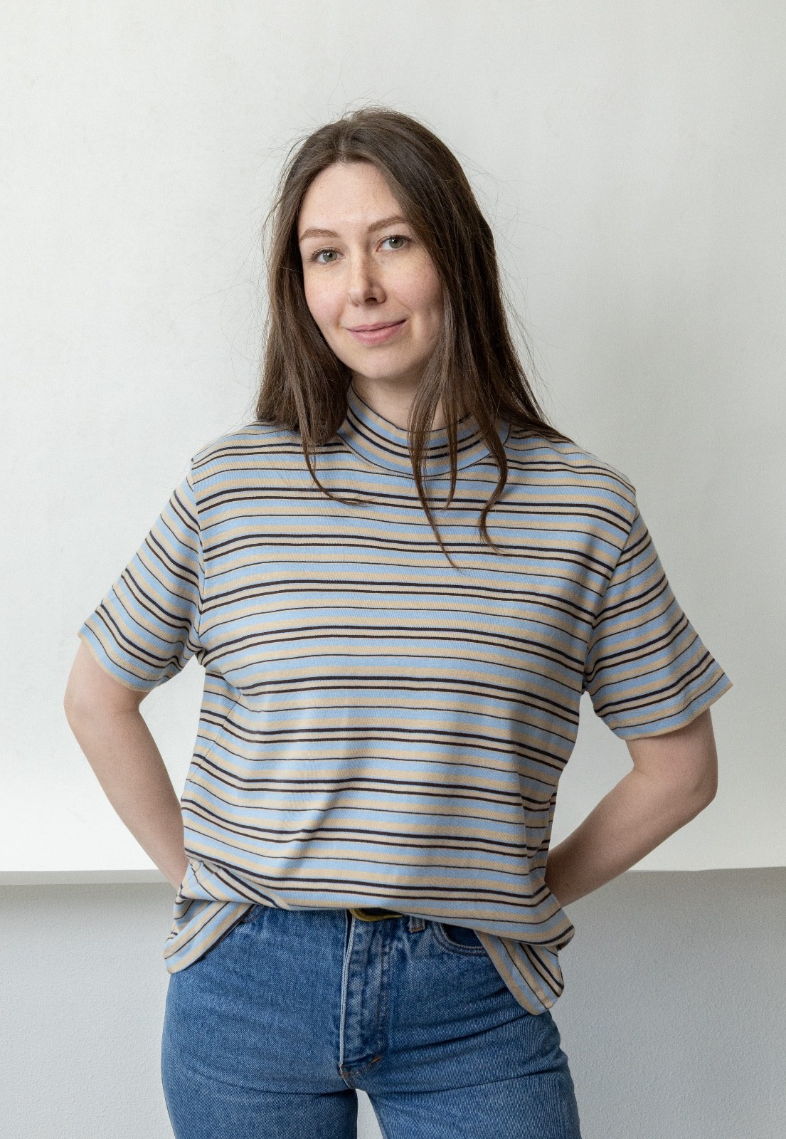 Vintage 90s Striped Cotton Mock Neck Tee Blue Brown Tan Coastal Grandma L