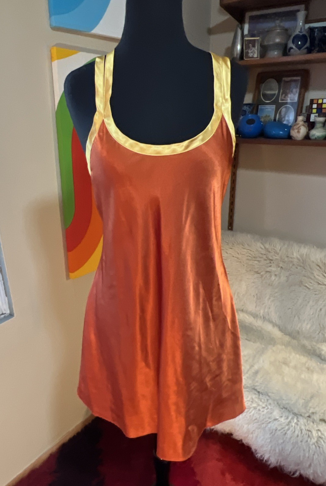 Vtg 90s Racerback Slip Dress Gold Long Liquid Satin Shiny Nightgown Medium