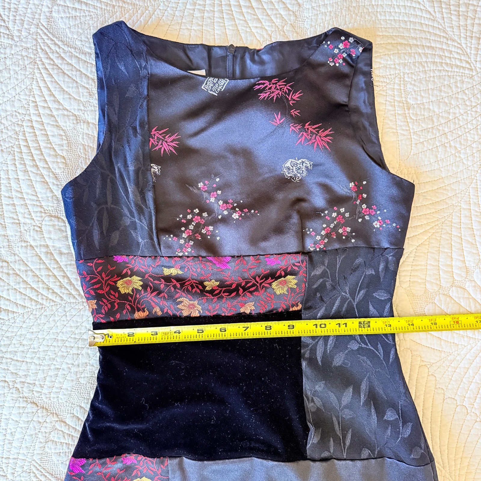 VTG 90s Asian Whimsigoth Patchwork Floral Brocade & Velvet Sheath Dress Size 2P