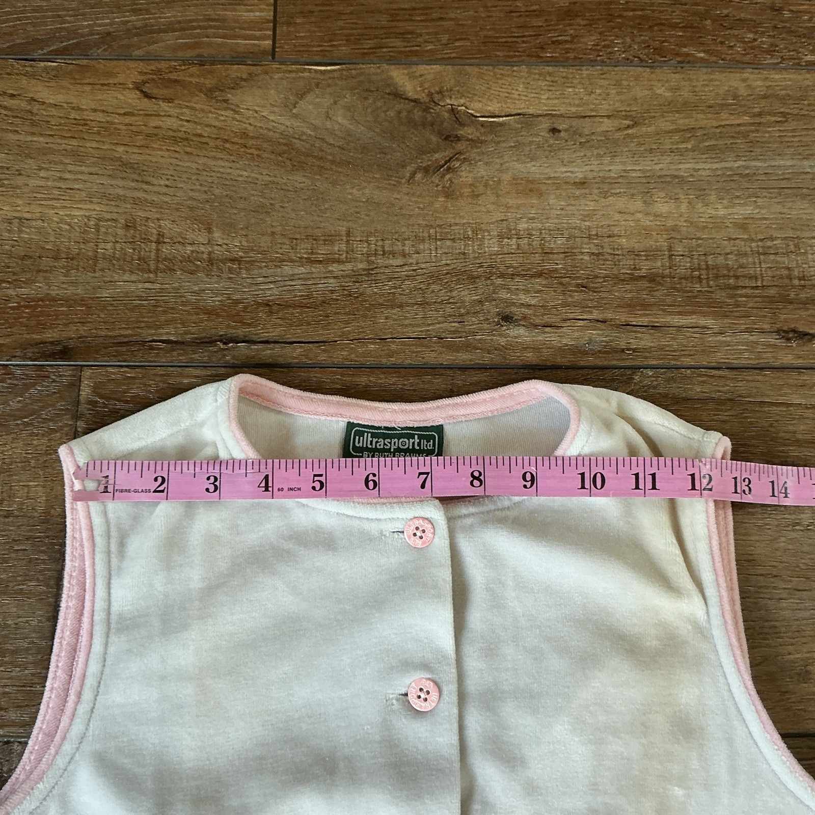 70s VTG Ultrasport Ltd Ruth Brahms Velour Vest M White Pink Button Crop #52D9