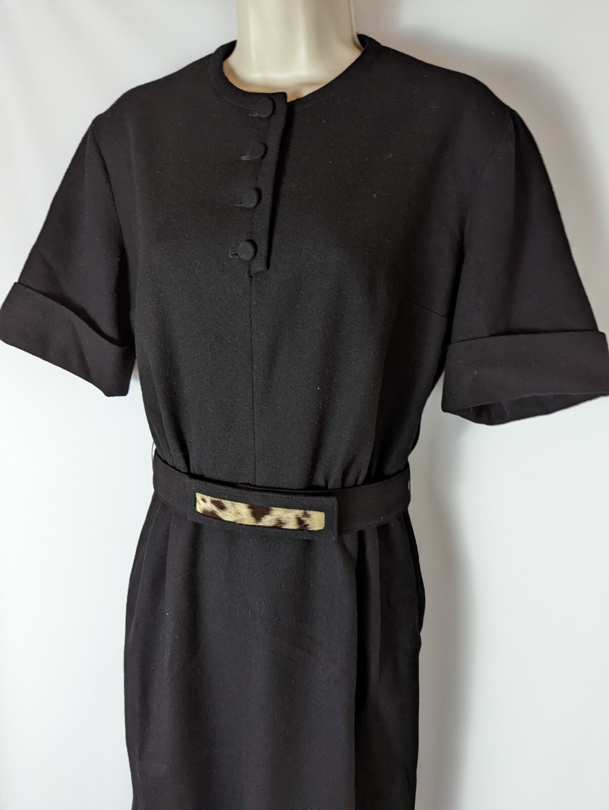 NANCY GREER NEW YORK VTG 70s Black Wool Belted Sheath Dress MED