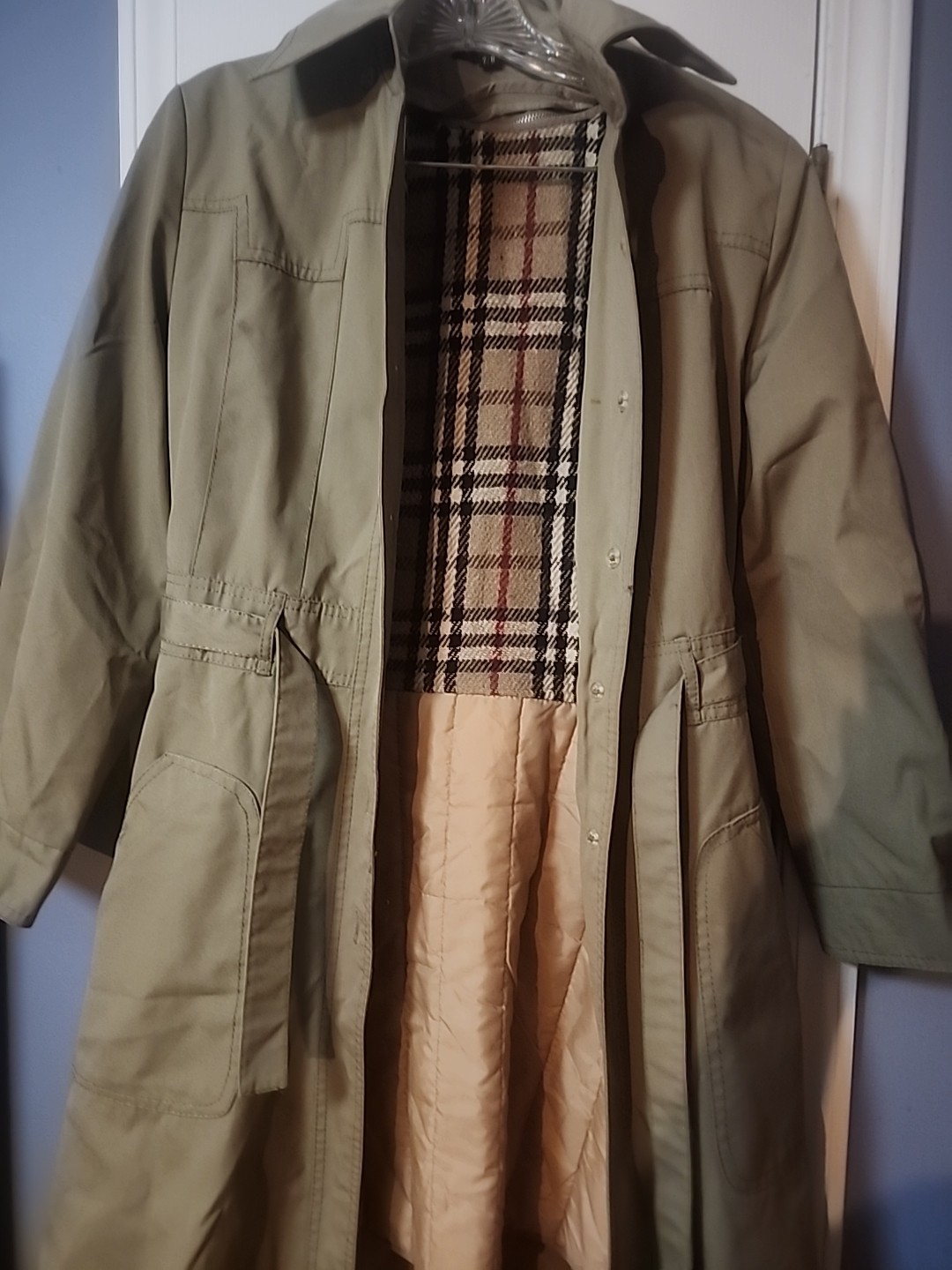Womens Tan Fitted Trench Coat 7/8 Zip In Plaid Wool Liner Not A Burberry