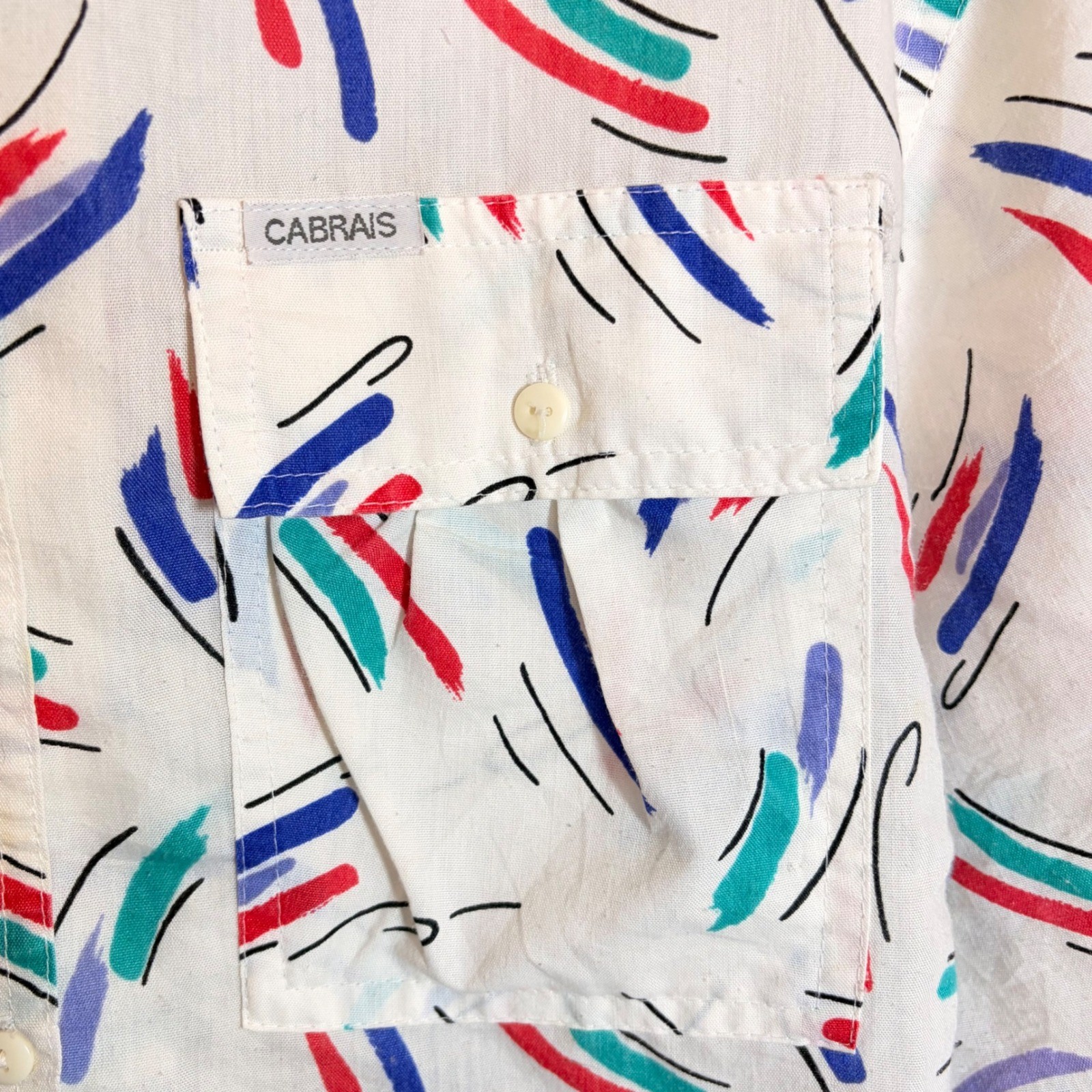 Cabrais Vtg 80s Abstract Brushstroke Button Shirt White Multi L Retro Nostalgia