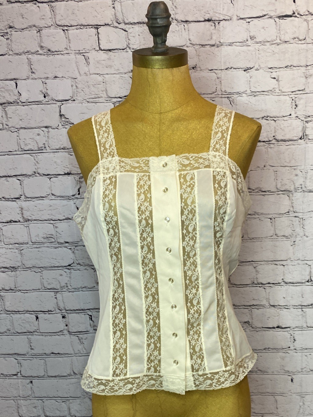 Vtg Nylon Corset Style Ivory Nylon Lace Button Front Lingerie Tank Top