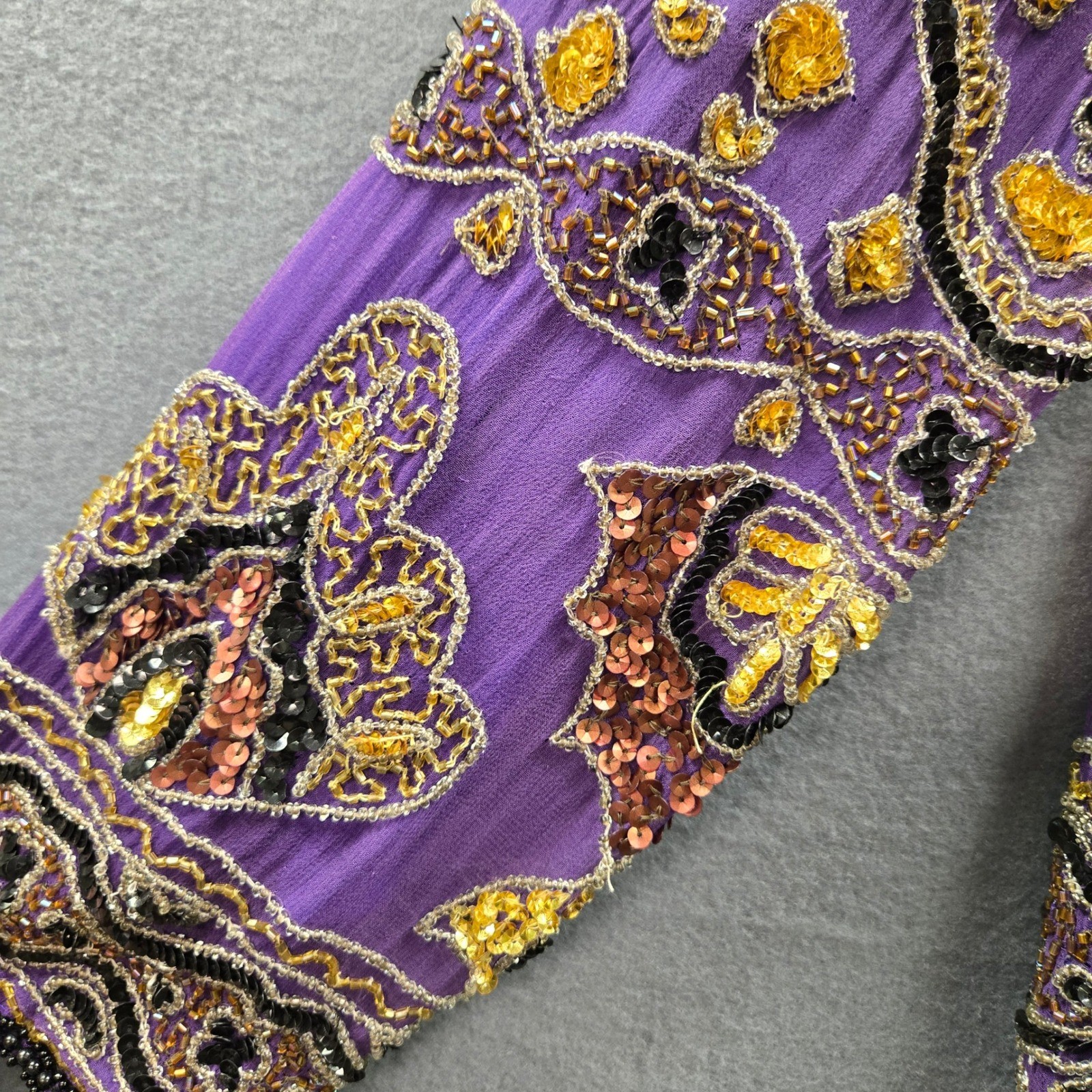 Vintage Beaded Silk Jacket Maximalist XL Purple Sequin Open Festival Art Deco