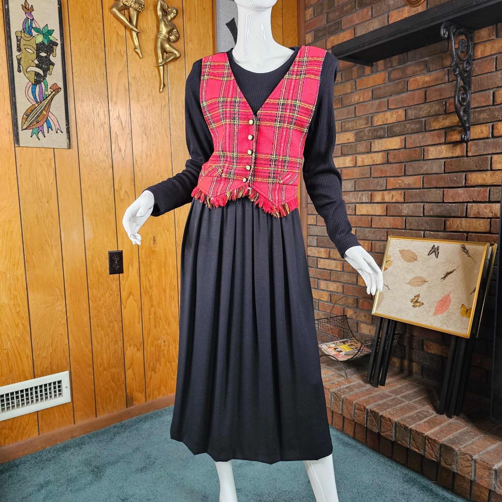 Vtg 90s Dark Academia British Preppy Plaid Riding Waistcoat Holiday Midi Dress L