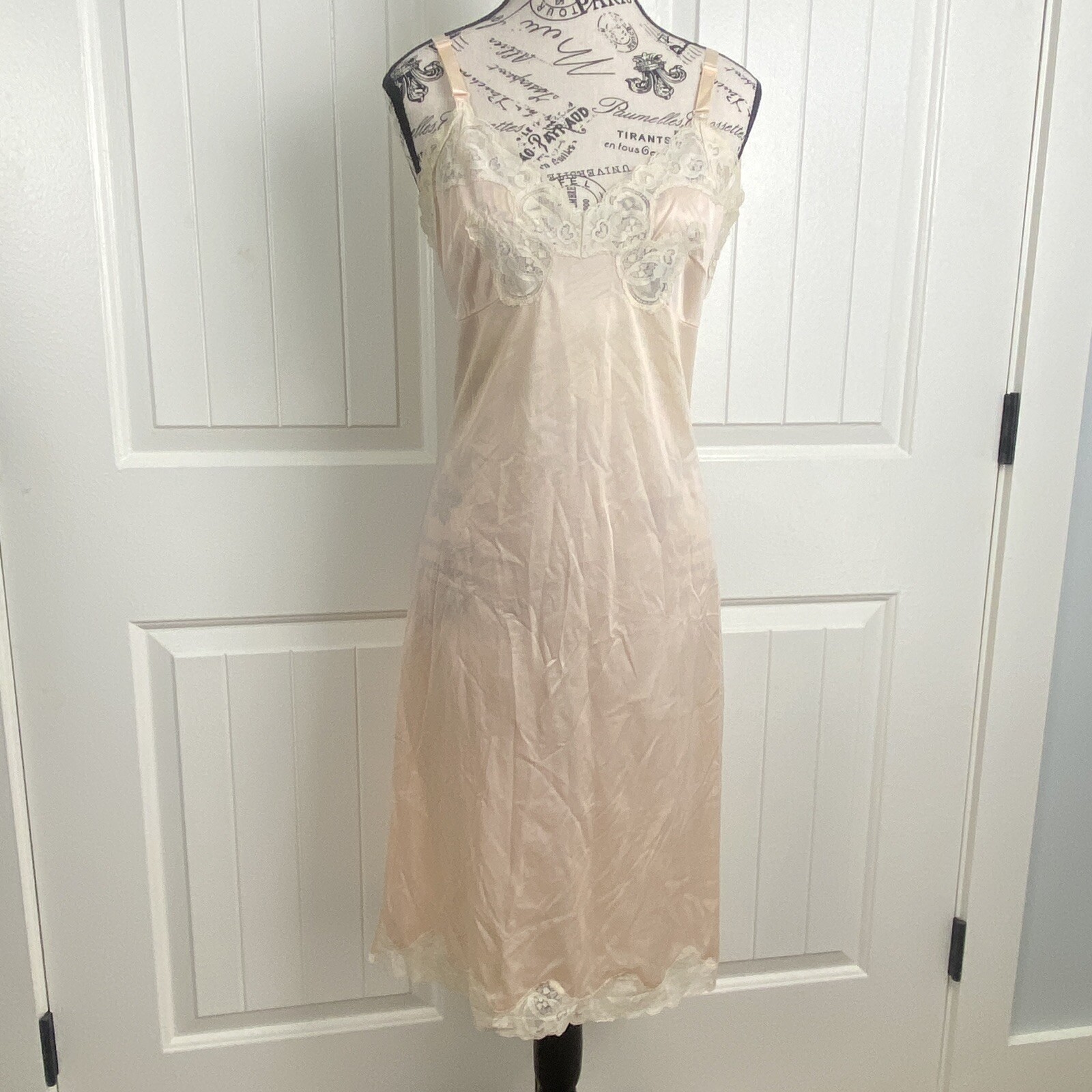 Vtg Movie Star Nylon Dress Slip Pink Gown Sz 36 3114 Lace Sheer Chiffon