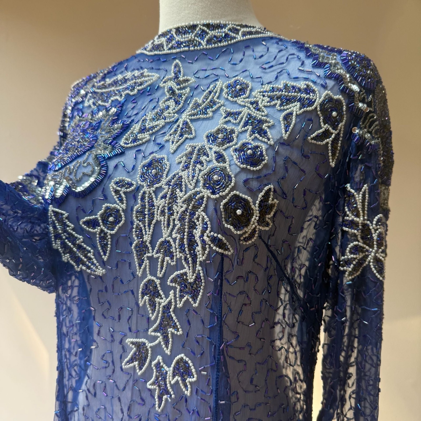 Vintage 100% Silk Beaded Evening Dress Gown Long Sleeve Royal Blue