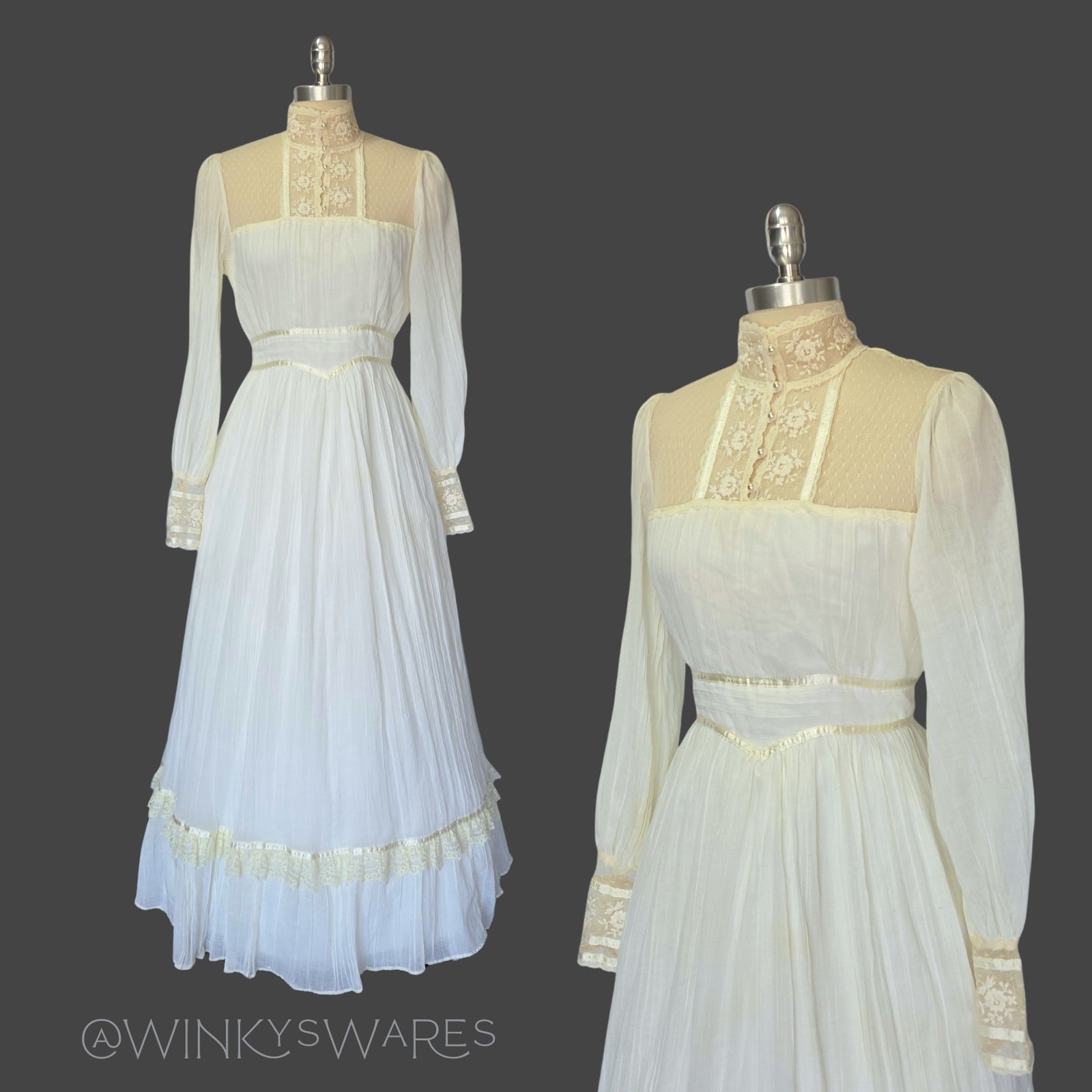 Gunne Sax Wedding Dress Size 11 Ivory Lace Vintage 70s Prairie Bridal Gown