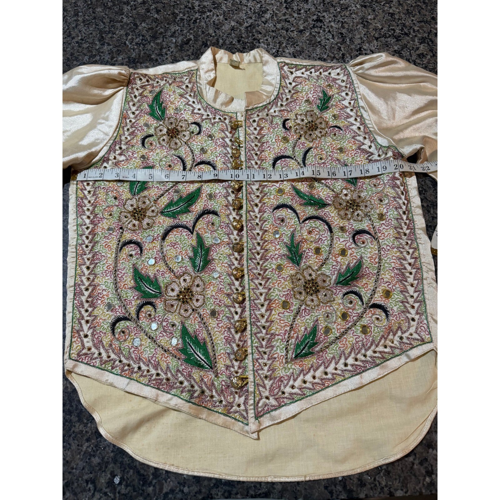 Vintage Embroidered Mirror Work Satin Blouse Champagne Gold Crest Button Top