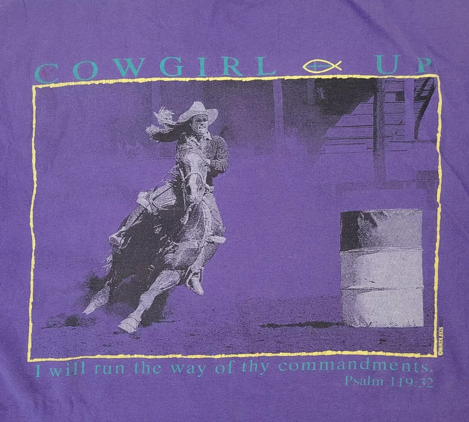 Vintage Cowgirl Up Womens Shirt XL USA Made Single Stitch Psalm 119;32 Purple