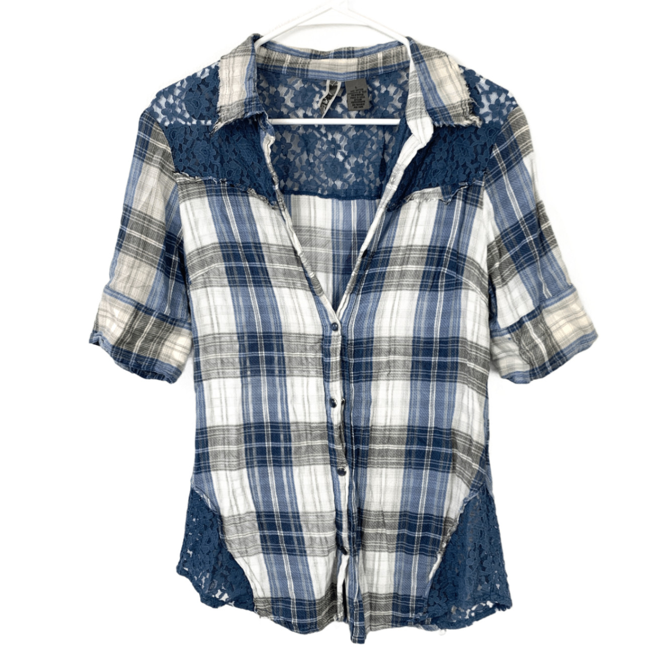 Y2K BKE Vintage Plaid Button-Front Shirt Women’s L Blue White Gray Lace Boho