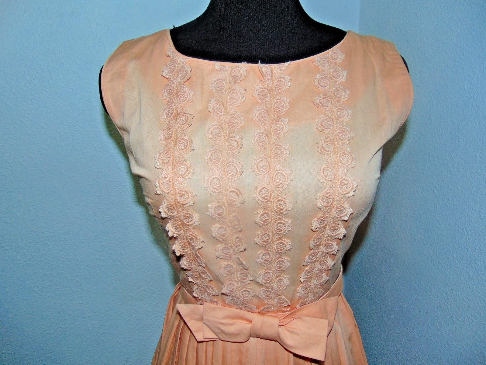 Vintage 1960’s Cotton Day Sun Dress Tangerine Color Original Bow Belt Misses S