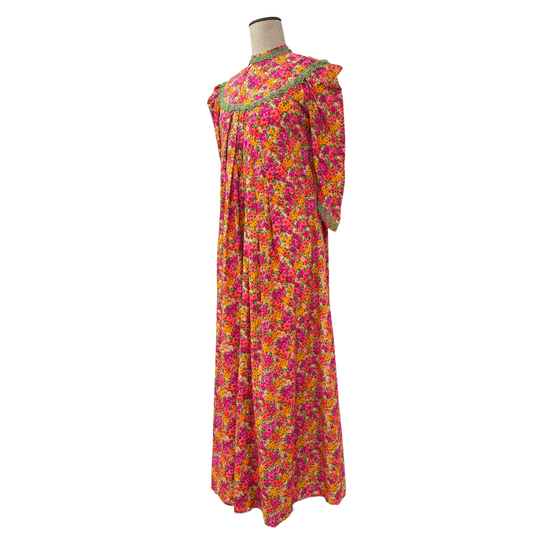 Vintage 1970s Carol & Mary Honolulu Pink Dayglo Puff Sleeve Pleated Maxi Dress